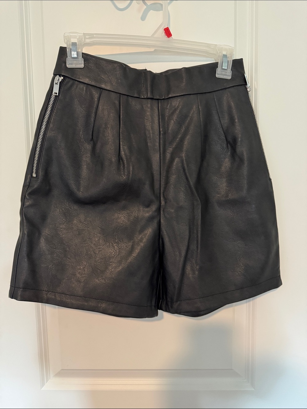 Vixen by Micheline Pitt Black Faux Leather High-Waist Zip-Trim Shorts